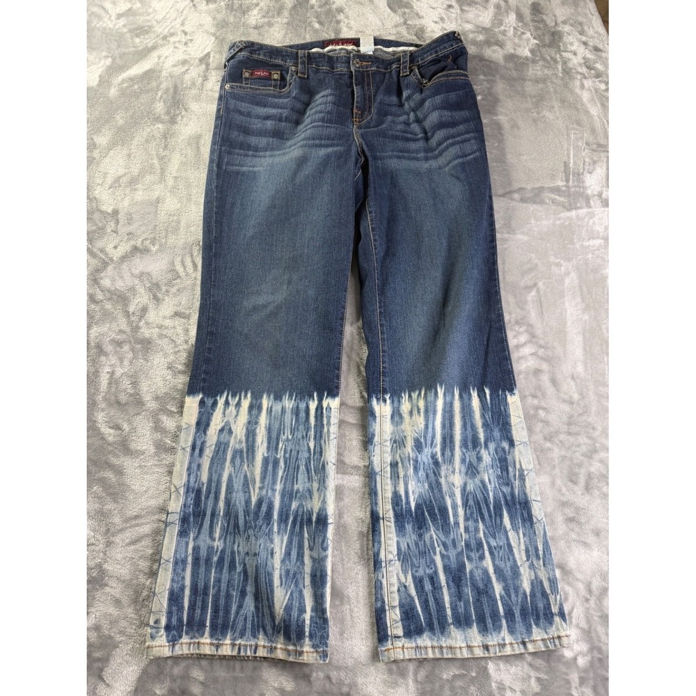 Baby Phat Women's Size 20 Bootcut Jeans Y2K Bleached Tie Dye Hem Cat Logo Blue
